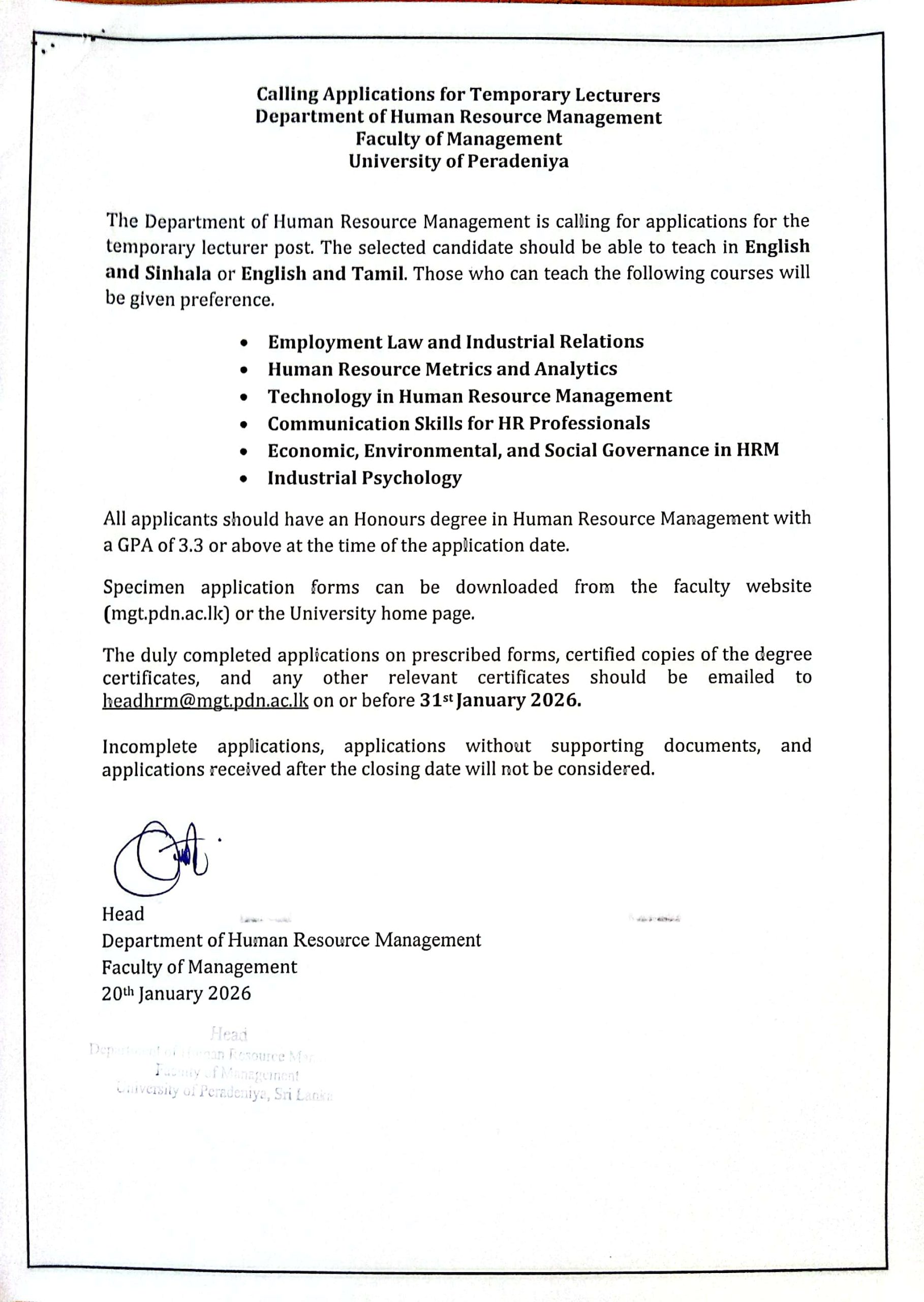 Applications for Temporary Lecturers  Department of HRM