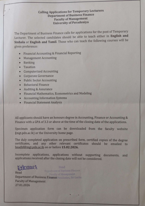 Applications for Temporary Lecturers  Department of BF